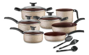 Conjunto De Panelas Antiaderente 10 Peças Teflon Linha Coffee Cappuccino Tampa De Vidro É Bom VEJA AQUI Se Compensa Comprar
