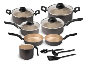 Jogo de panelas de cozinha Marpal Elegan 10 Peças 10 PEÇAS Com 10 Peças de Alumínio Preto Com Bege É Bom VEJA AQUI Se Compensa Comprar