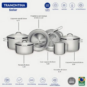 Jogo De Panelas Tramontina Solar Inox 6 Peças Indução Fundo Triplo Alta Performance E Durabilidade Design Moderno E Prático Para Sua Cozinha É Bom VEJA AQUI Se Compensa Comprar